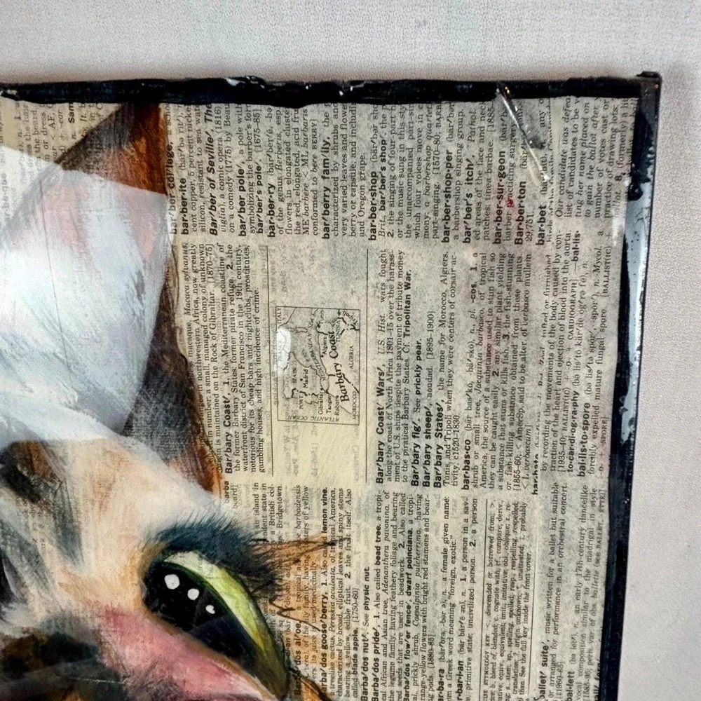 Cat Study Portrait Mixed Media Dictionary Paper Acrylic Resin Finish 12